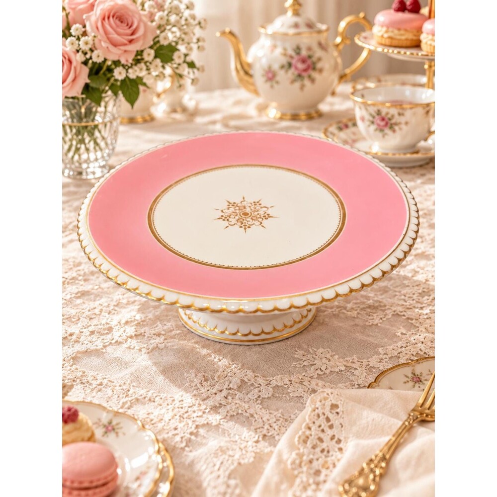 Vintage Pink & Gold Porcelain Pedestal Cake Stand 9.5"